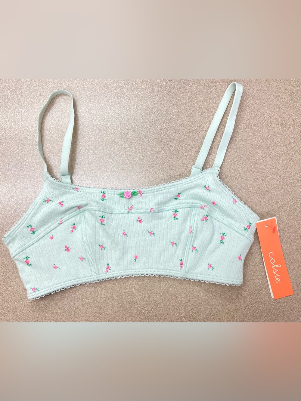 Colsie Floral Ribbed Bralette XS Light Green Pink Roses Cottagecore Corquette
